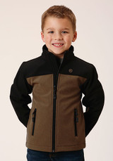 Boys Roper Jacket, Brown with Black Colorblock Shoulders, Softshell