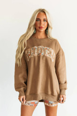 Women's VR Sweatshirt, Rodeo, Brown with Postage Stamp Embroidered Letters