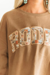 Women's VR Sweatshirt, Rodeo, Brown with Postage Stamp Embroidered Letters