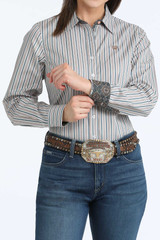 Women's Cinch L/S, Peach and Blue Pintsripe