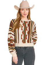Women's Rock & Roll Sweater, Natural with Green and Brown Textured Print