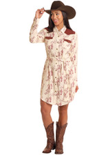 Women's Panhandle Dress, Cream with Roping Print, Suede Wine Trim
