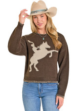 Women's Rock & Roll Sweater, Brown with Bronc Rider, Blanket Stitch Trim