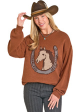 Women's Rock & Roll Sweater, Burnt Orange with Horse and Horseshoe Graphic