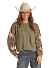 Women's Rock & Roll Sweater, Green Cable Knit with Aztec Sleeves