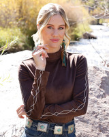 Women's Cruel L/S, Brown Mock Neck, Boot Stitched Sleeves