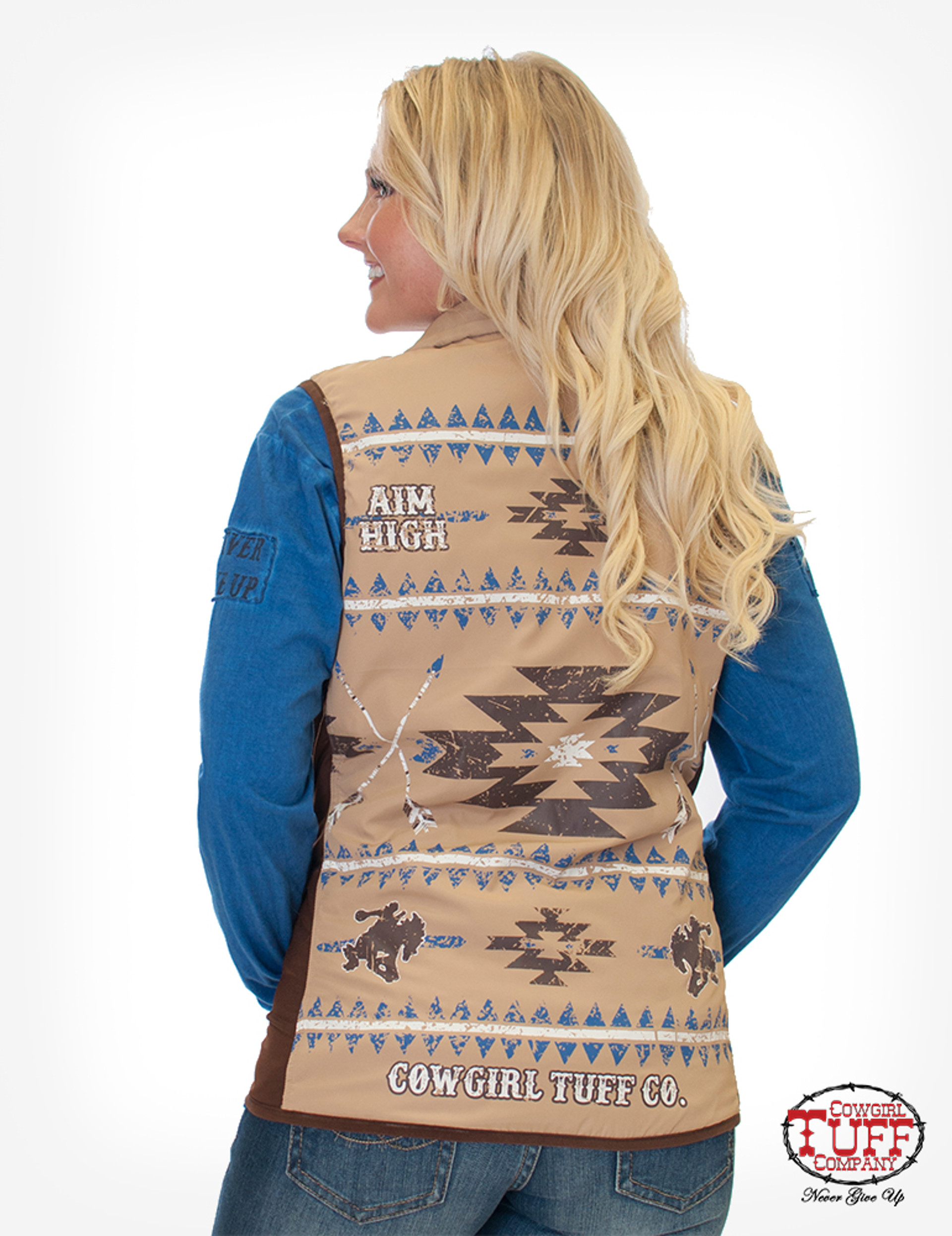 Womens Cowgirl Tuff Vest Quilted Tan And Aztec Reversible Chick Elms Grand Entry Western