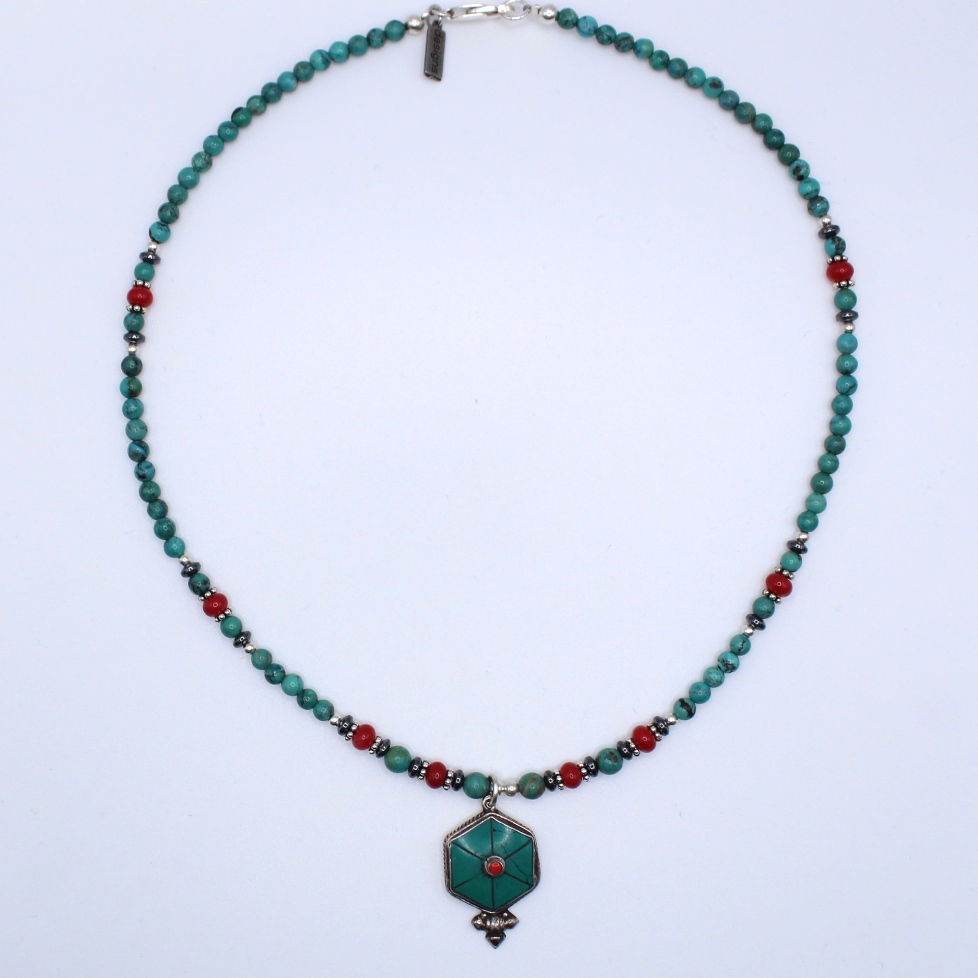 Paige Wallace Necklace, Turquoise And Red Beads With Diamond Pendant
