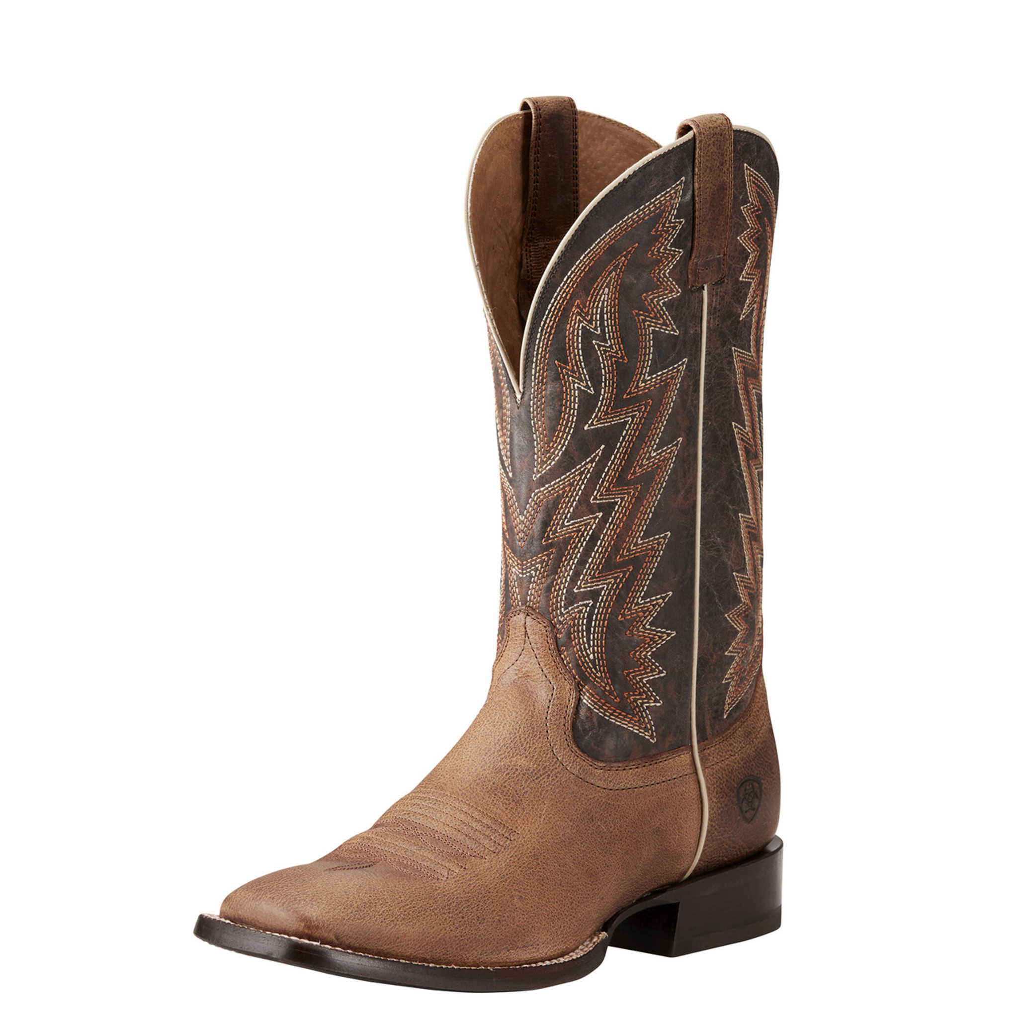 Men's Ariat Boot, Ranchero, Khaki and Dark Brown, Orange and White Stitch,  Square Toe