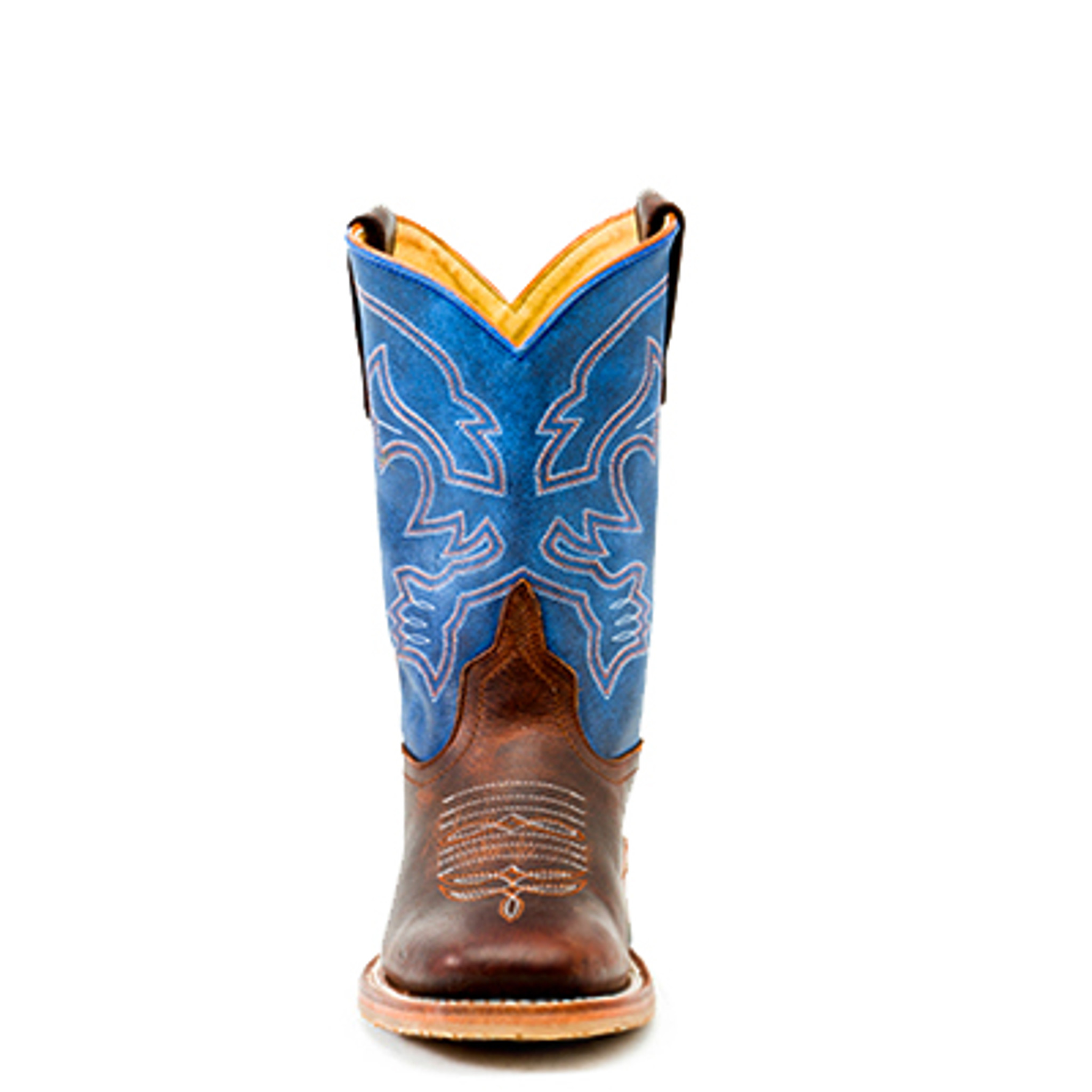 Kids Anderson Bean Boot, Dark Brown Vamp, Dark Blue Shaft with White &  Orange Stitching, Orange Piping