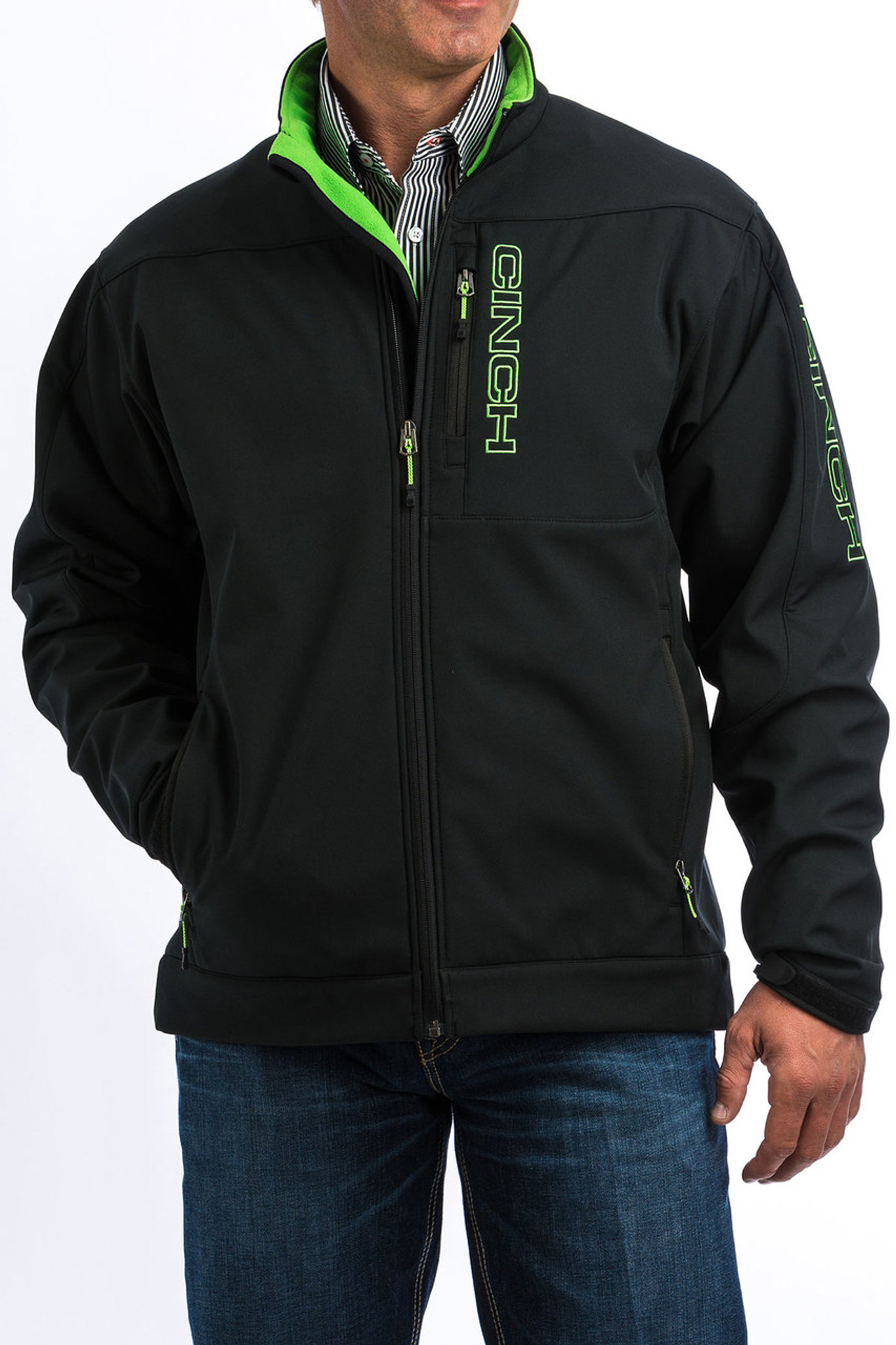 Men's Cinch Jacket, Bonded Black with Neon Green Logo - Chick Elms ...