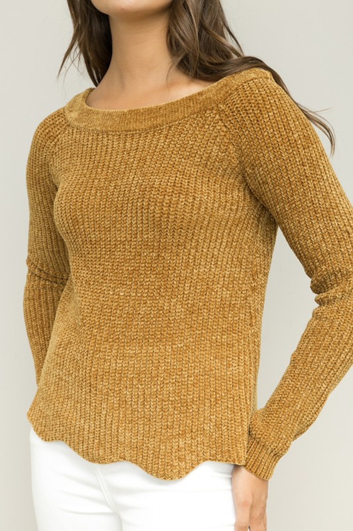 Women's Hem and Thread L/S, Scalloped Hem Sweater, Mustard - Chick