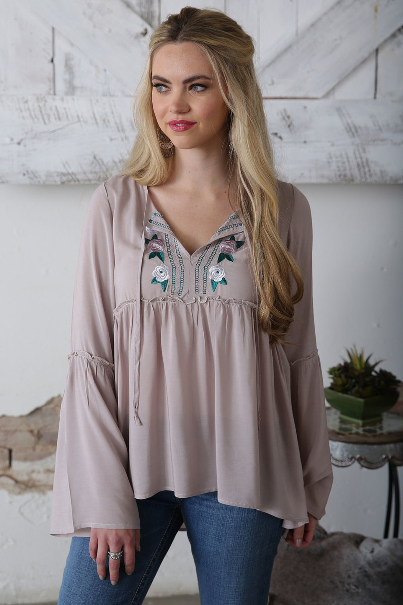 Women's Cruel Girl Top, Gray with Embroidery, Bell Sleeves - Chick Elms ...