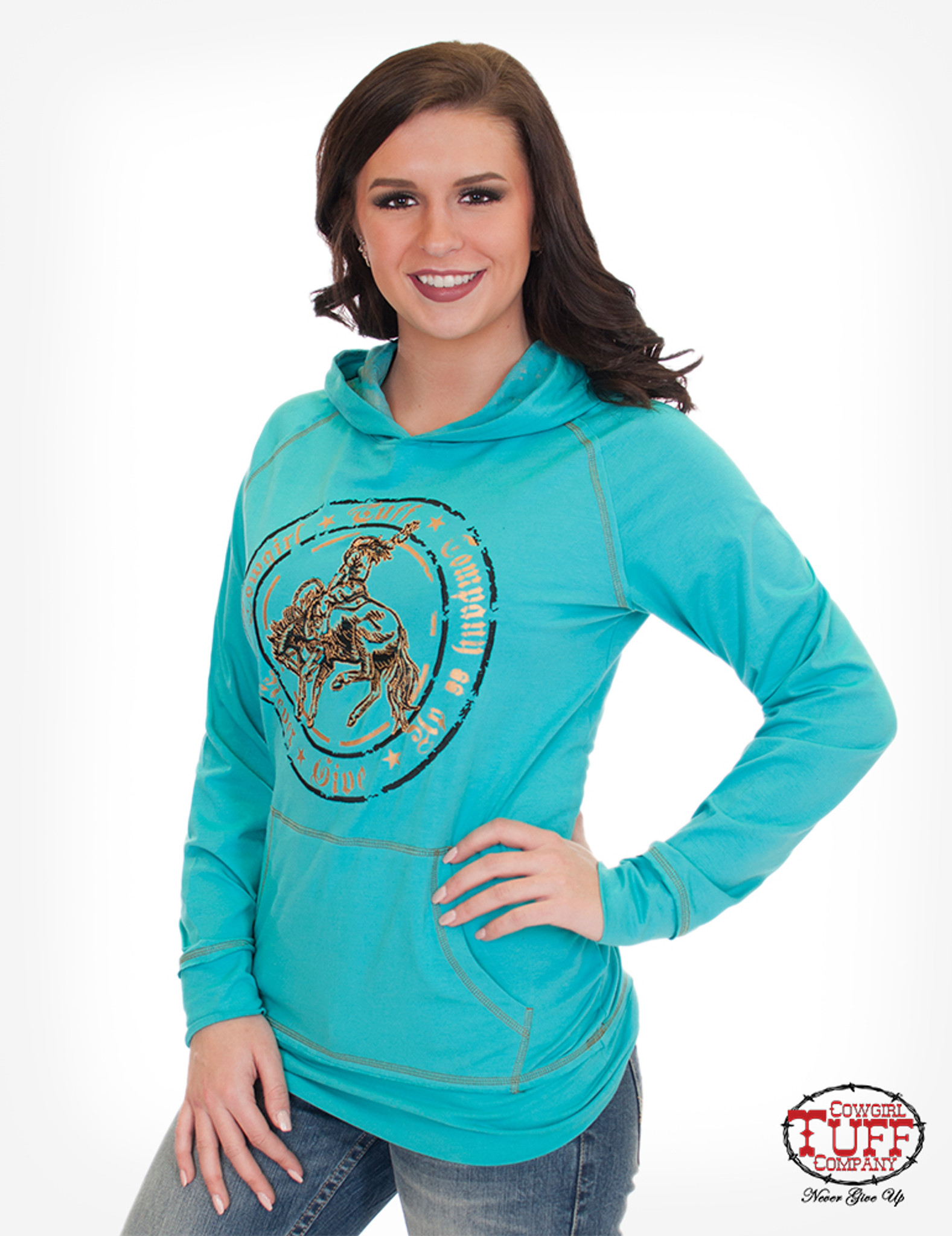 Women s Cowgirl Tuff Hoodie Turquoise with Bucking Horse Print