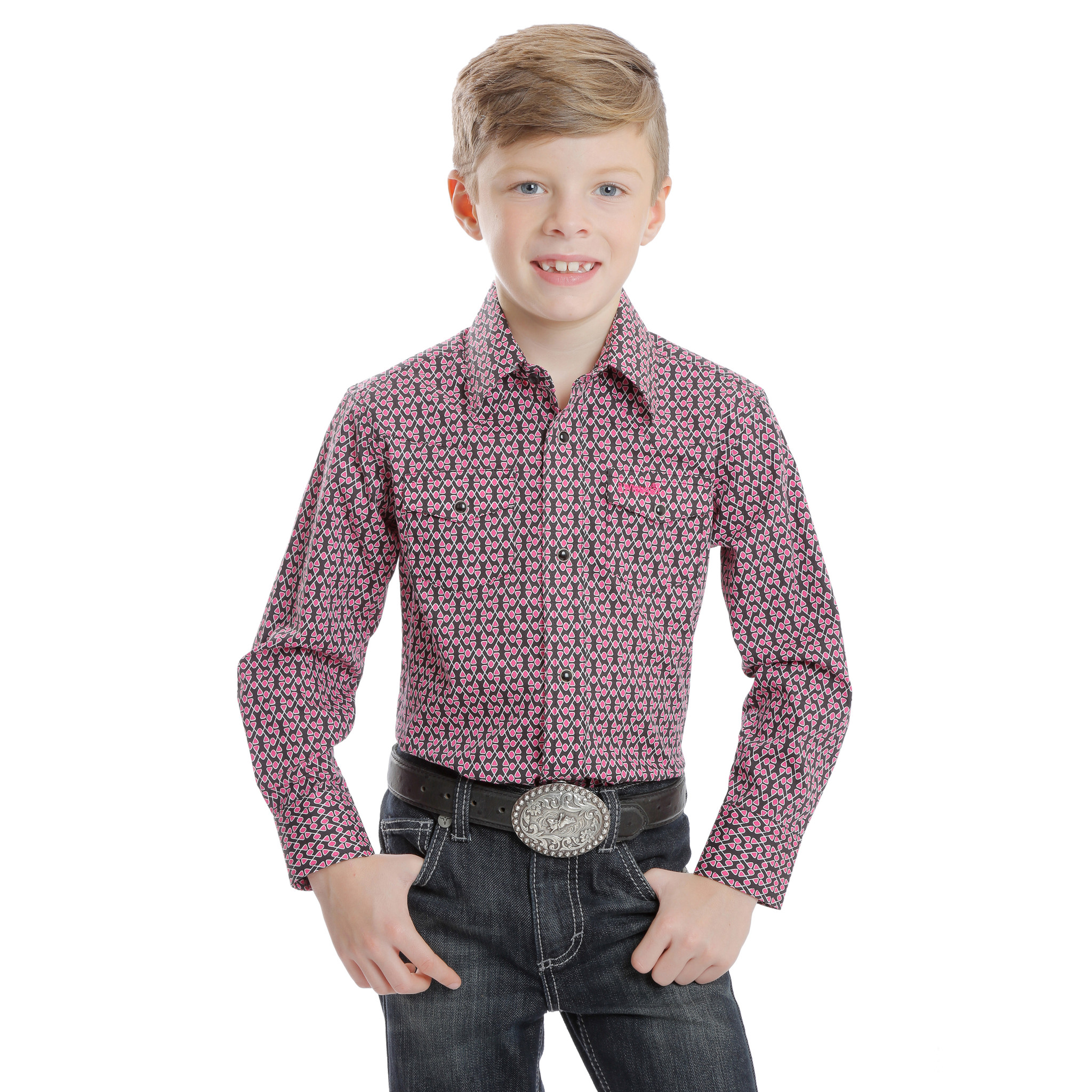 Boys Wrangler L S Pink And Black Print Tough Enough To Wear Pink