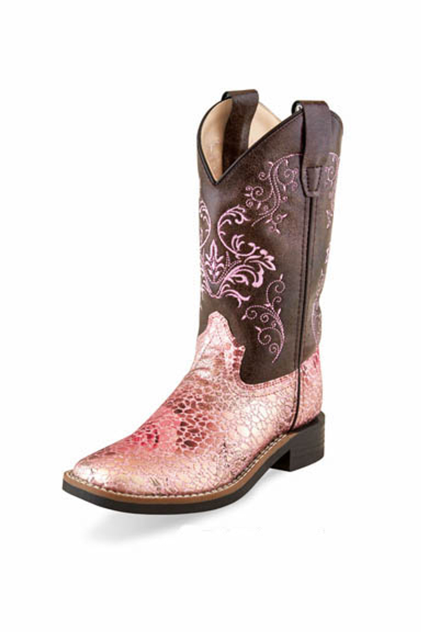 Kids Old West Boots, Brown Shaft with Pink Gator Print Shaft