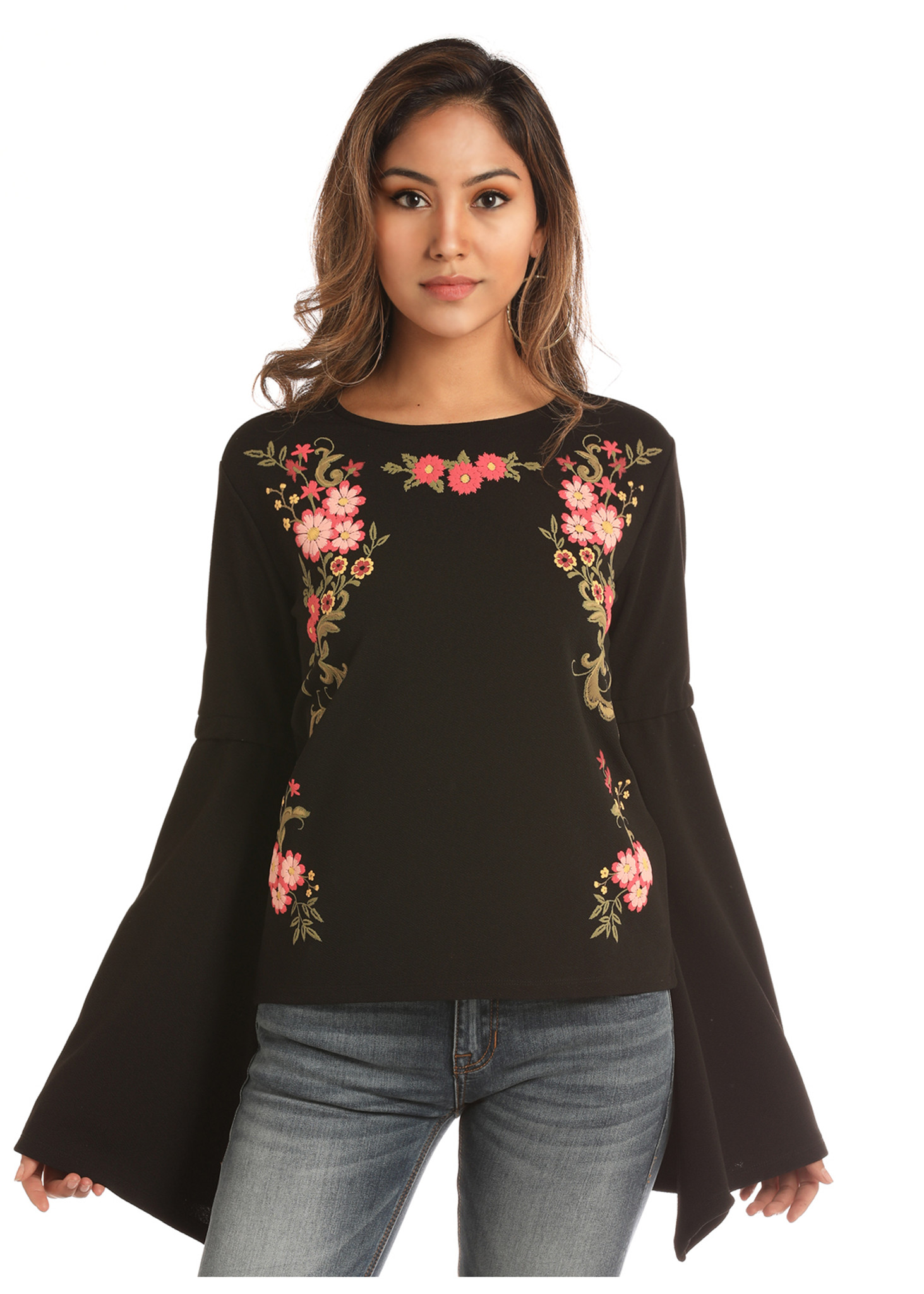 Women's Rock & Roll L/S, Black with Floral Embroidery, Bell Sleeve