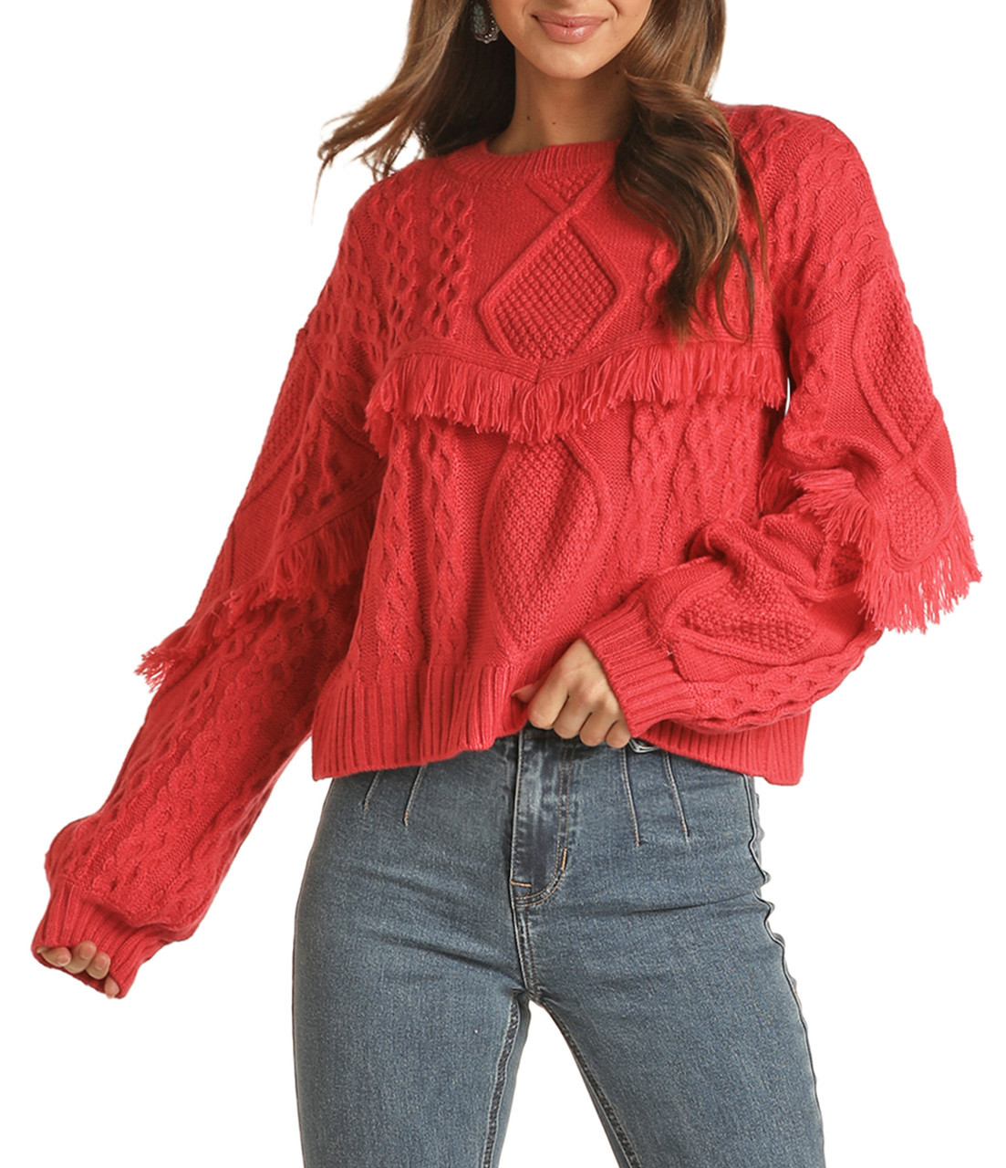 Women's Rock & Roll Sweater, Hot Pink Cable Knit with Fringe