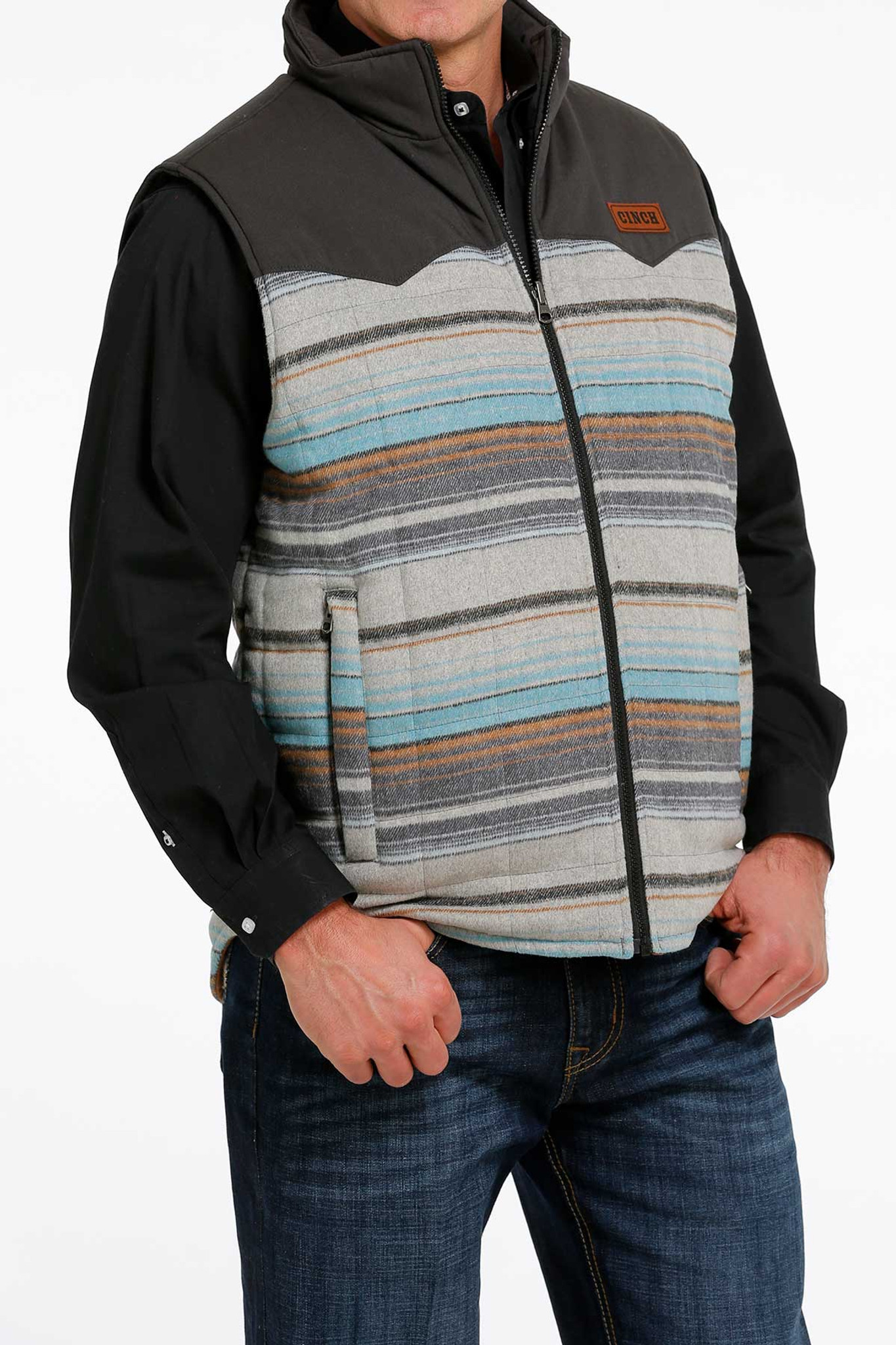 Men's Cinch Vest, Quilted Reversible, Tan and Black / Cream Serape