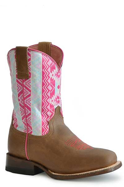 Kids Roper Boot, Aztek, Brown with Pink Piping and Turquoise and Aztec ...