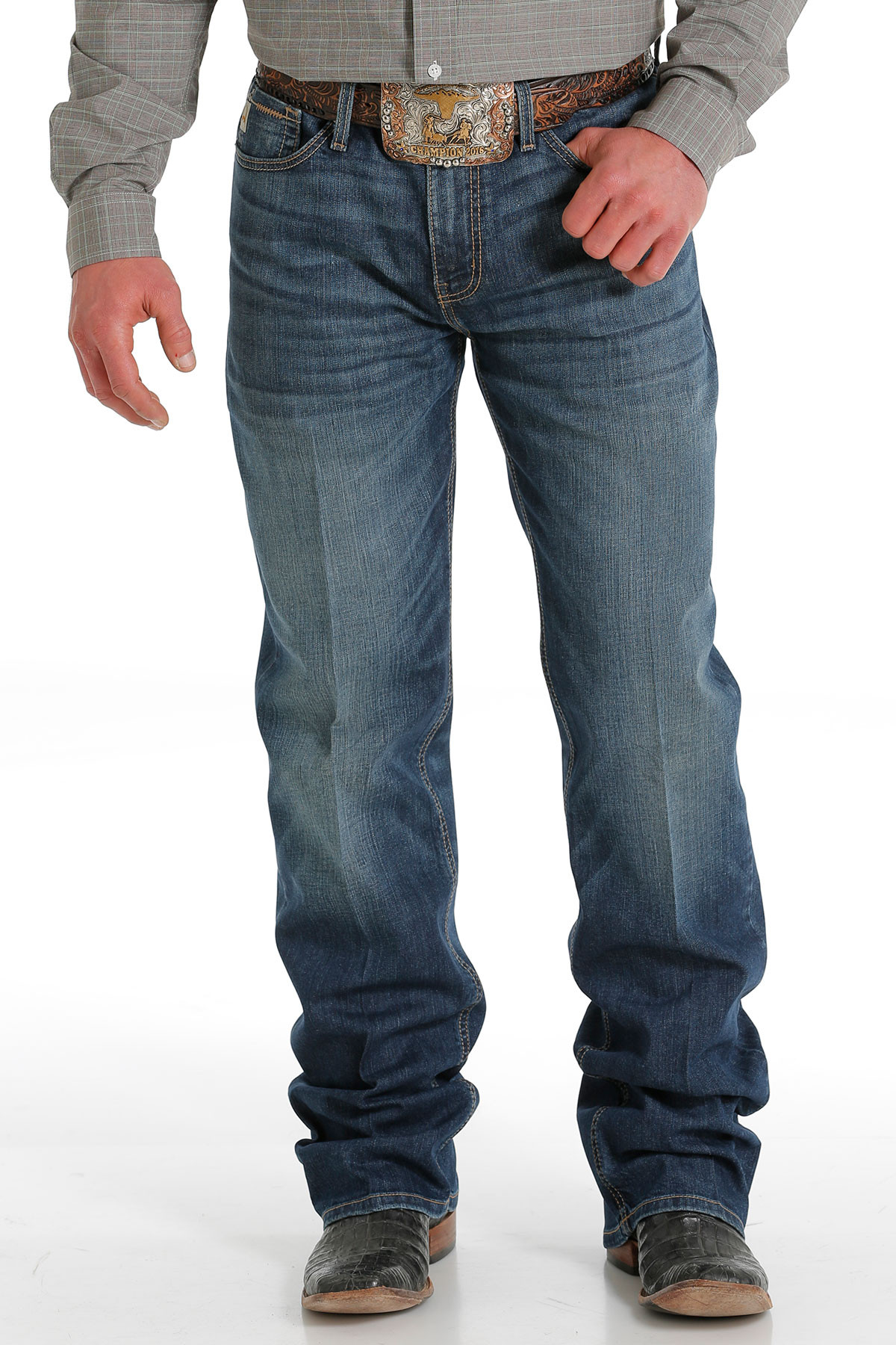 Men's Cinch Jeans, Grant Medium Stonewash, Brown Zig Zag Pocket