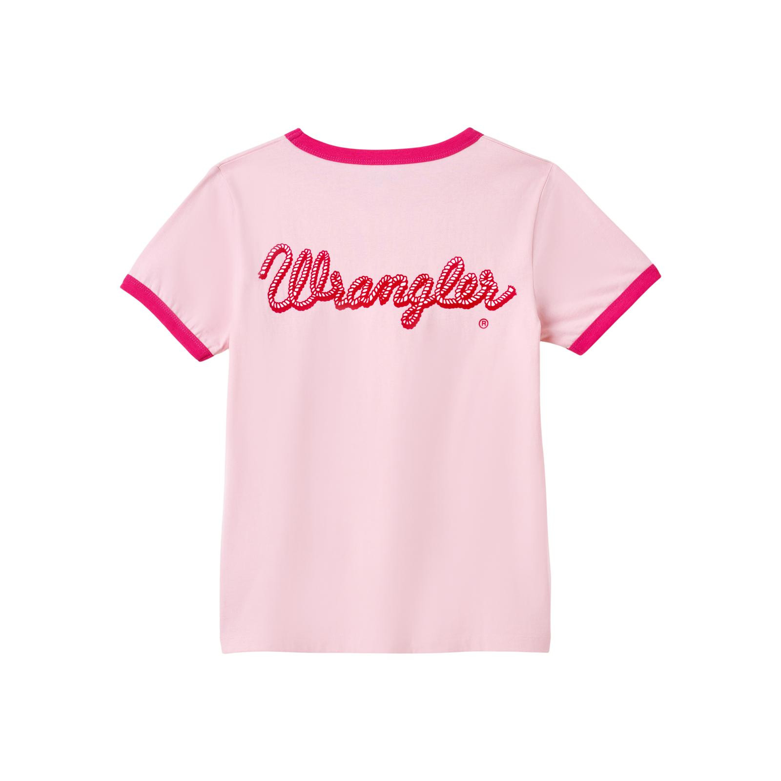 Women's Wrangler Tee, Pink Ringer, Barbie Rope Logo - Chick Elms
