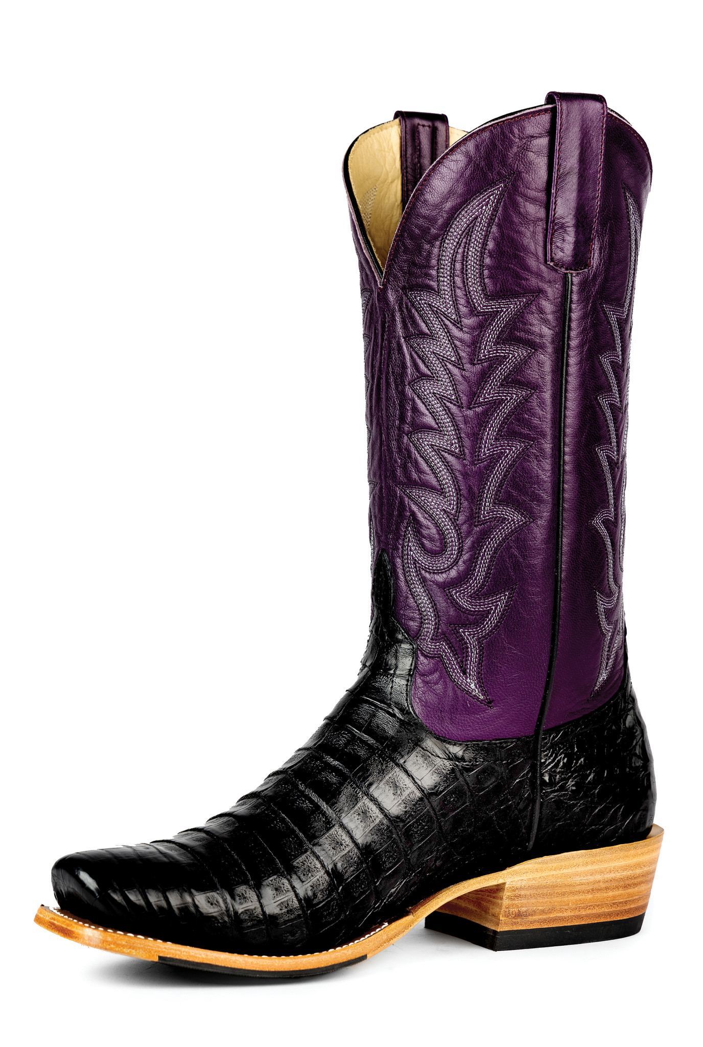 Men's Horsepower Top Hand Boots, Black Caiman Belly with Violet Glossy Goat  Shaft