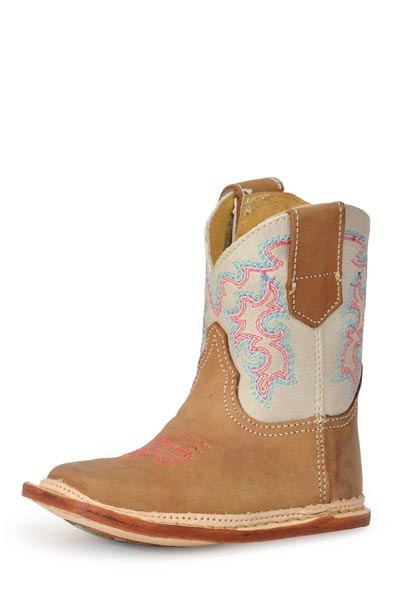 Baby Roper Boot, Maci, Tan Vamp with Pink and Blue Embroidery on Cream ...