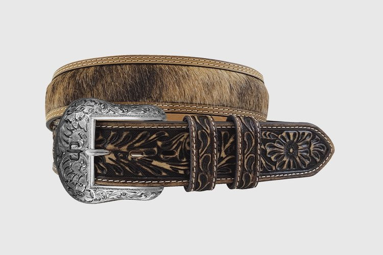 Men's Stetson Belt, Dark Brown Tooled Edges, Hair on Hide, Stetson Buckle