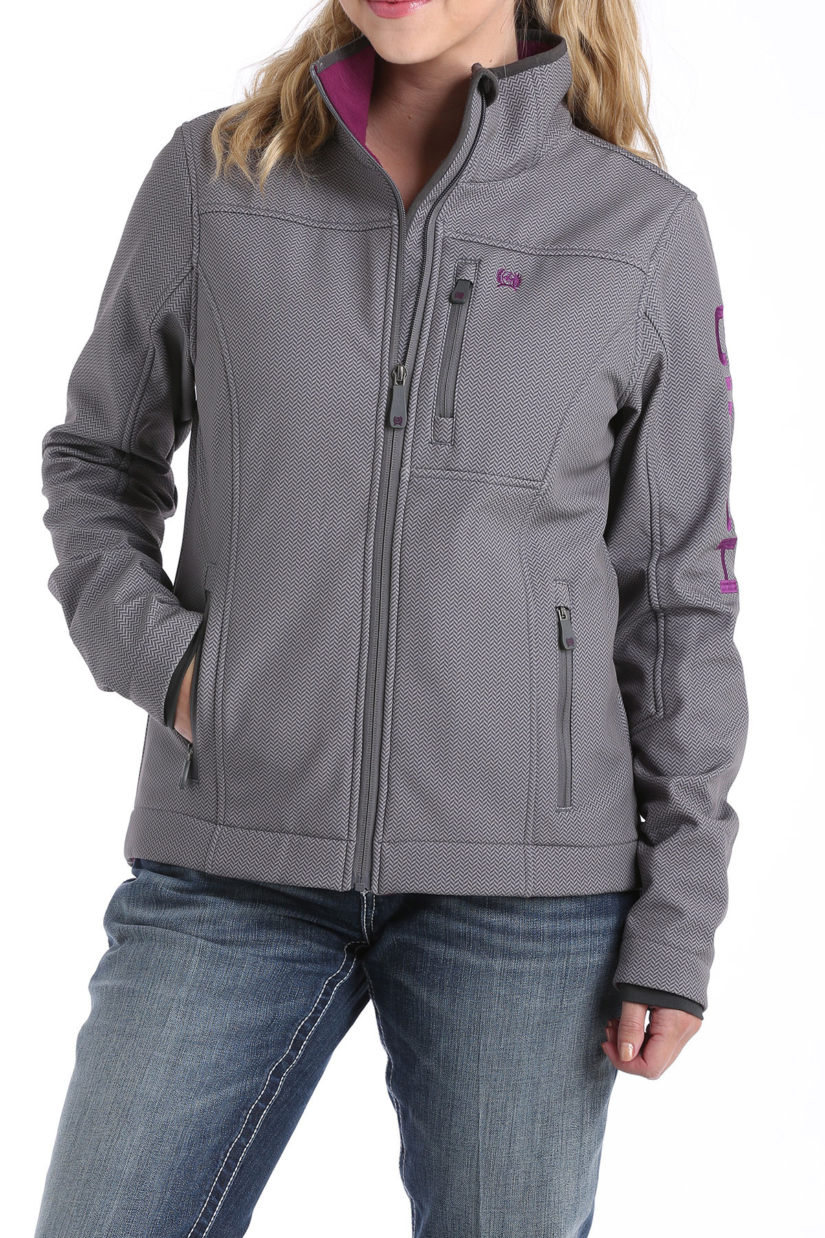 Women's Cinch Jacket, Gray Bonded with Purple Letters, Conceal Carry