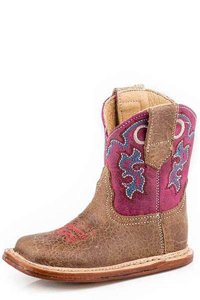 Infant Roper Boots, Tan Vamp with Pink Shaft, Pink Stitch Chick Elms