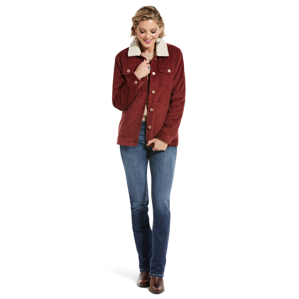 Women's Ariat Jacket, Rustic Trucker, Burgundy Corduroy with Sherpa