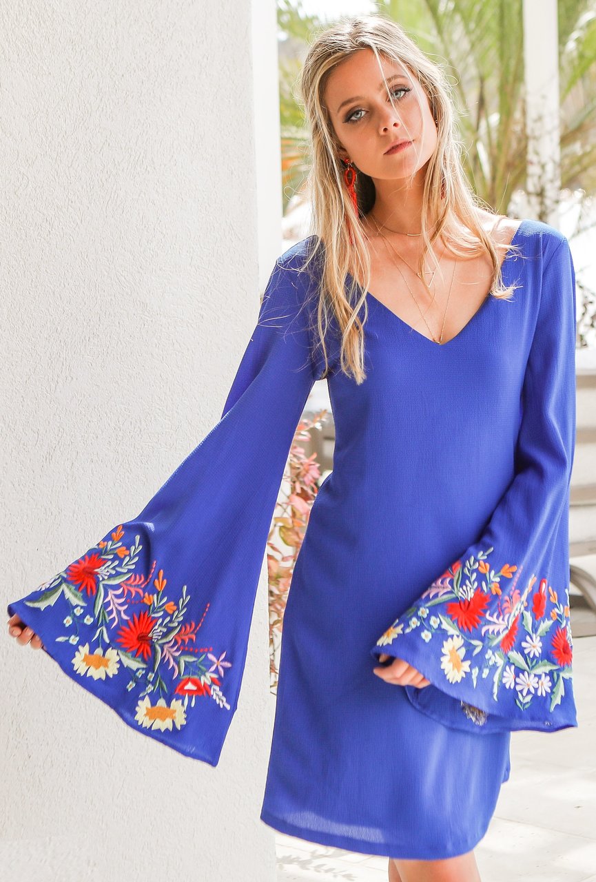 Women's Judith March Dress, Blue V-Neck, Embroidered Bell Sleeve