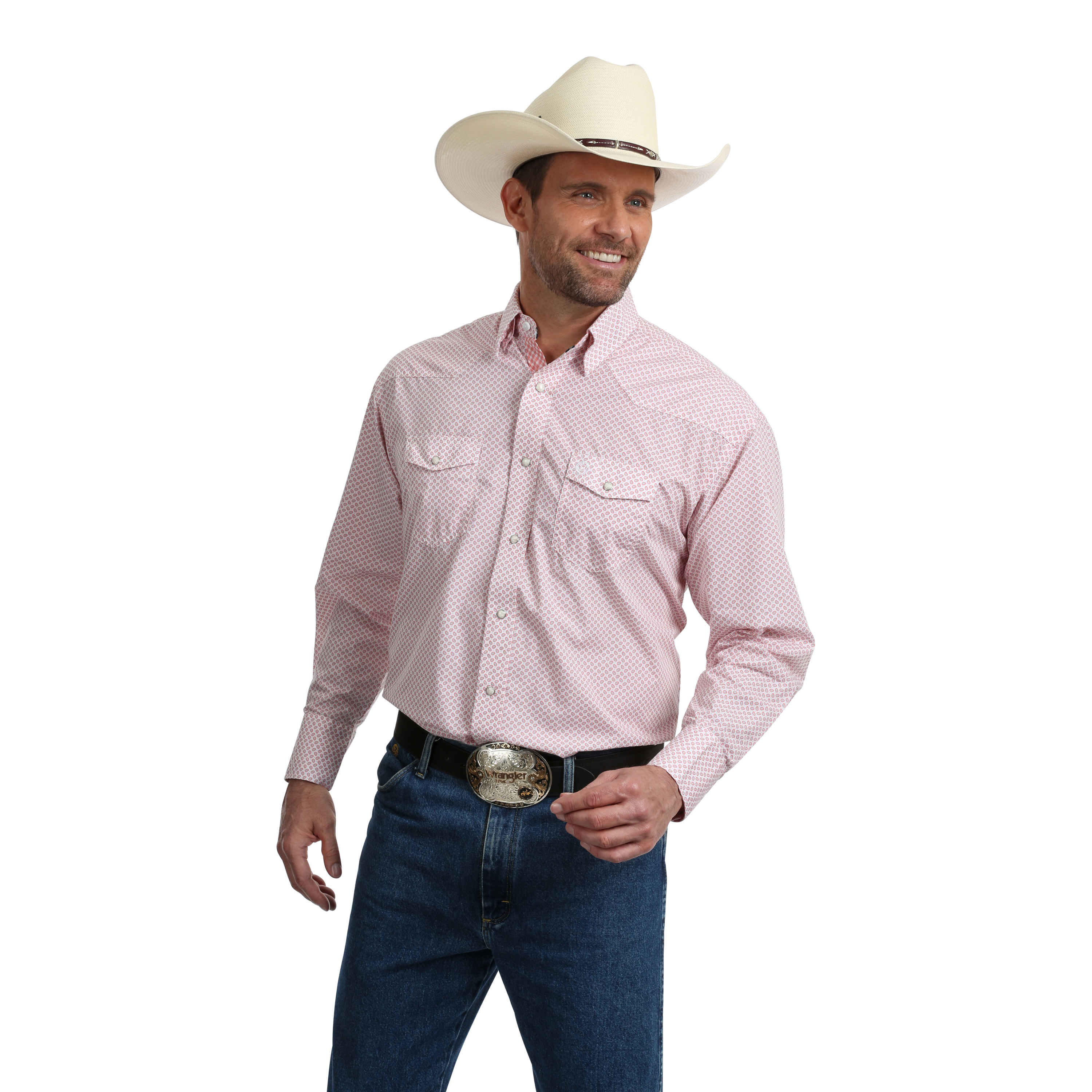 Men S Wrangler L S George Strait Coral And White Print Chick
