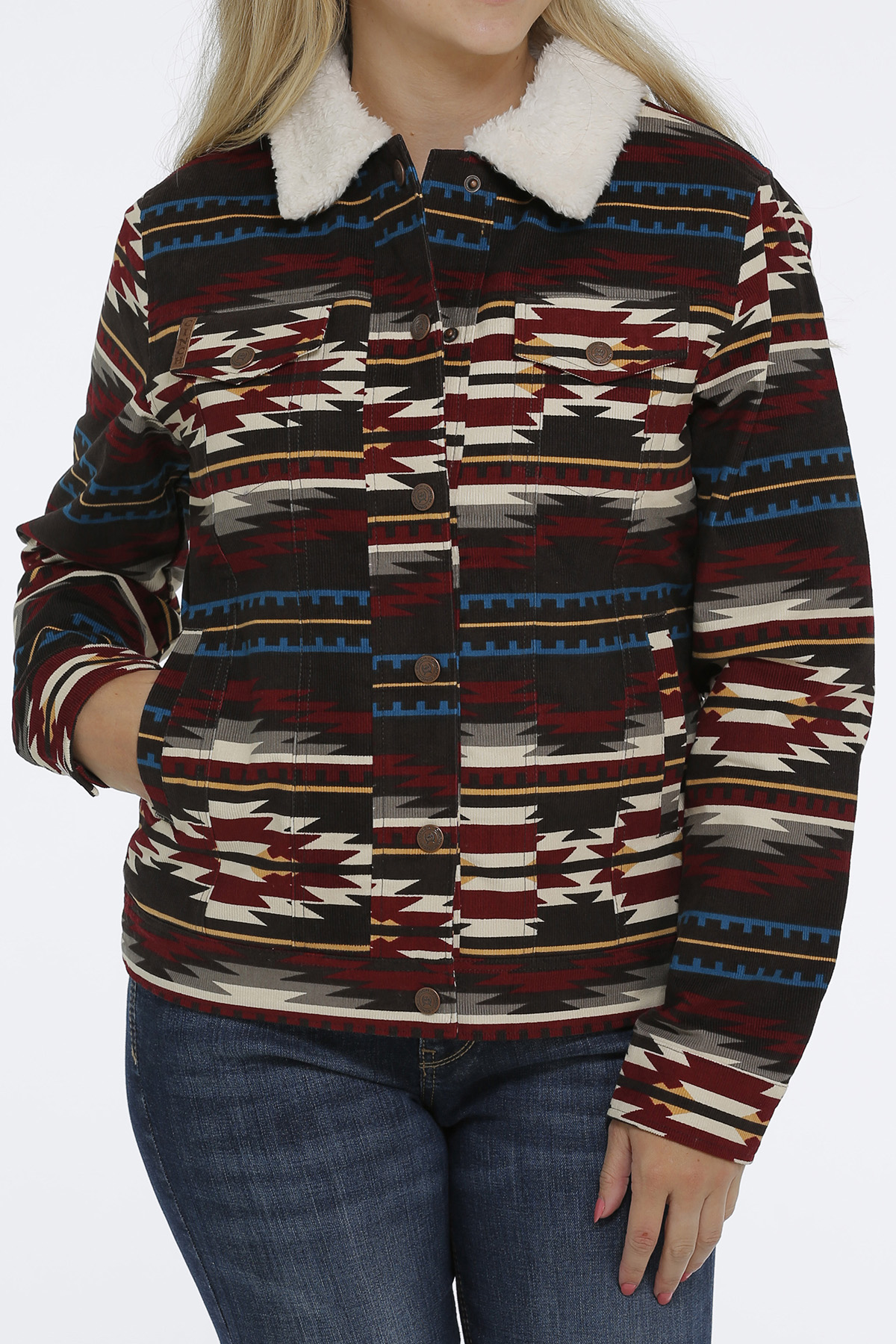 Women's Cinch Jacket, Red Aztec Corduroy - Chick Elms Grand Entry