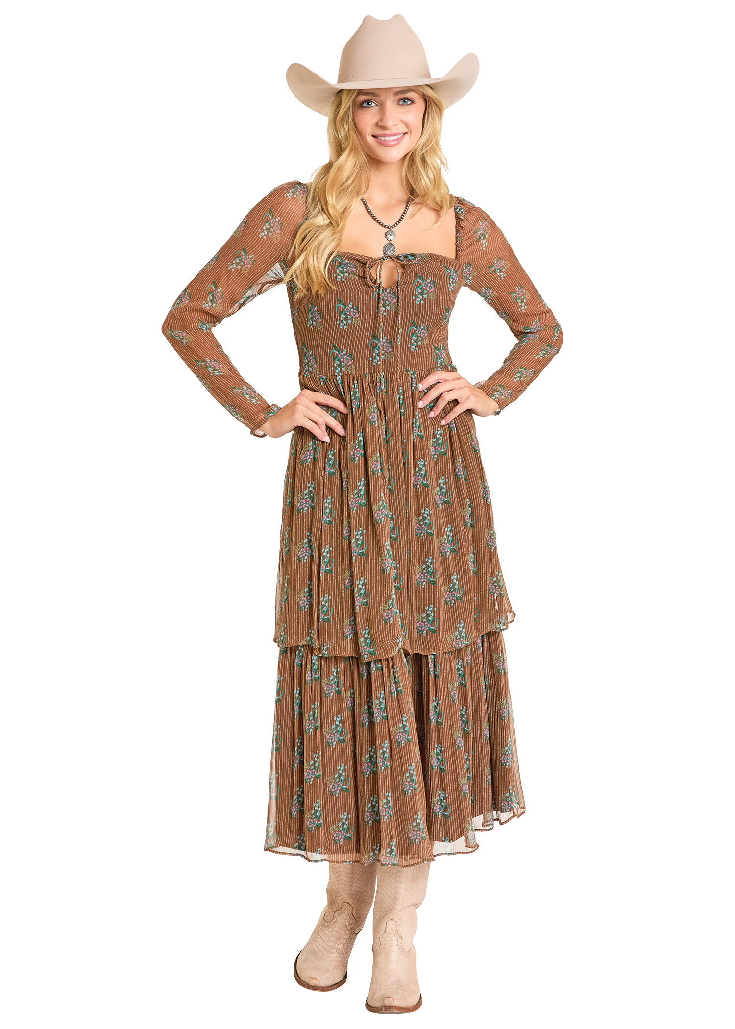 Women's Rock & Roll Dress, Brown, Pinstripe Floral - Chick Elms Grand Entry  Western Store and Rodeo Shop