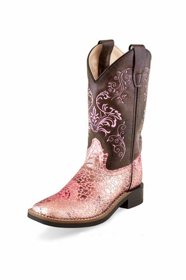 Kids Old West Boots, Brown Shaft with Pink Gator Print Shaft - Chick