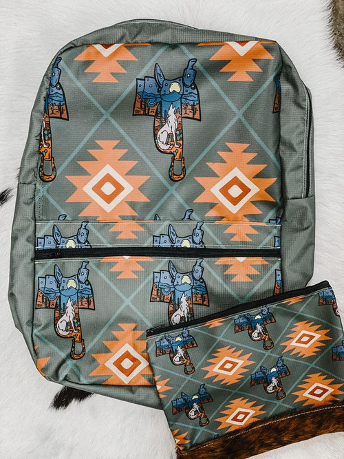 The Whole Herd Backpack, Howlin Coyote, Green Diamond Print Aztec