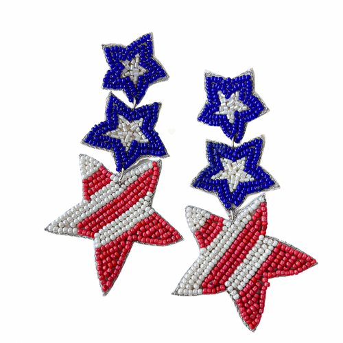 Treasure Jewels Earrings, USA Stars, Beaded, Red, White & Blue Chick
