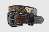 Women's Roper Belt, Dark Brown Basketweave, Floral Tooling with White Painted Flowers, Floral Buckle