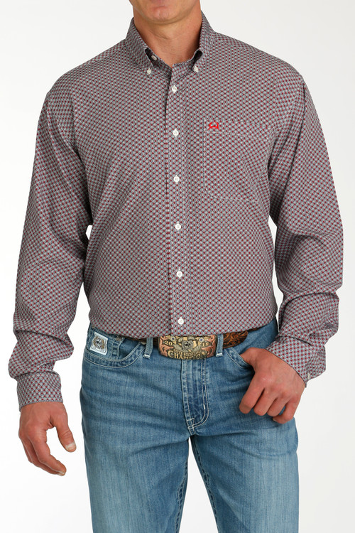 Men's Cinch L/S, ArenaFlex, Black and White with Red Mini Flower Print ...