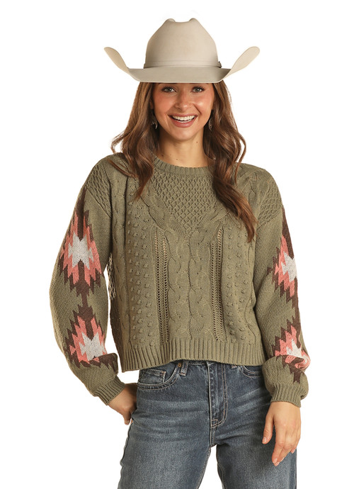 Women's Rock & Roll Sweater, Green Cable Knit with Aztec Sleeves ...