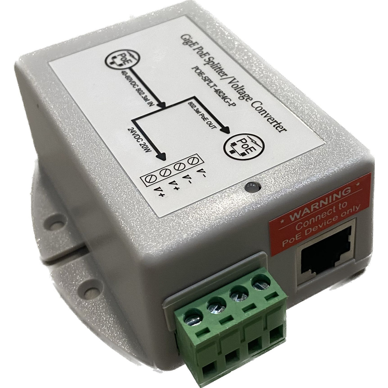 Tycon PoE Splitter. GigE. 48VDC 802.3at PoE Input. 48V 802.3at Passthru PoE  out and 12VDC 20W wire terminal output. Max 50W total