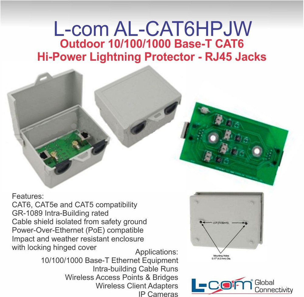 L-Com AL-CAT6HPJW - Outdoor 10/100/1000 Base-T CAT6 Hi-Power Lightning ...
