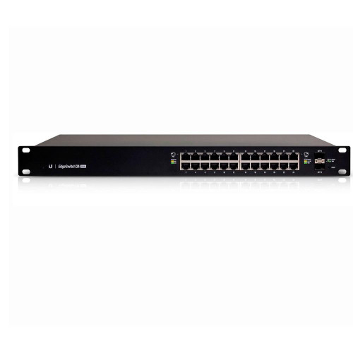 Front view of Ubiquiti ES-24-250W with 24 Gigabit Ethernet ports and two 1G SFP ports for fiber connectivity