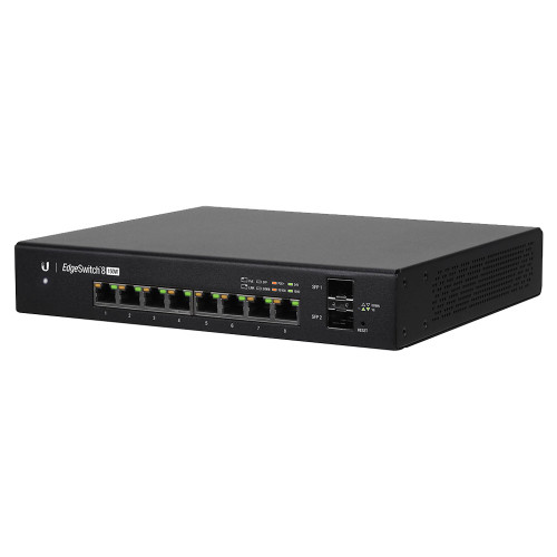 Angled front view of Ubiquiti ES-8-150W with eight Gigabit Ethernet ports and two SFP ports