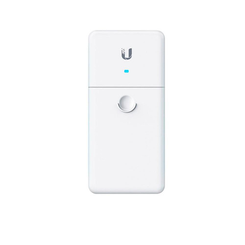 Front view of Ubiquiti F-POE-G2 with a 1 Gbps SFP port, a DC terminal block and a Gigabit Ethernet PoE port