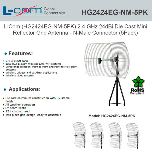 L-Com HG2424EG-NM-5PK 2.4GHz 24dBi Die Cast Mini-Reflector Grid Antenna N-Male Connector (5Pack)