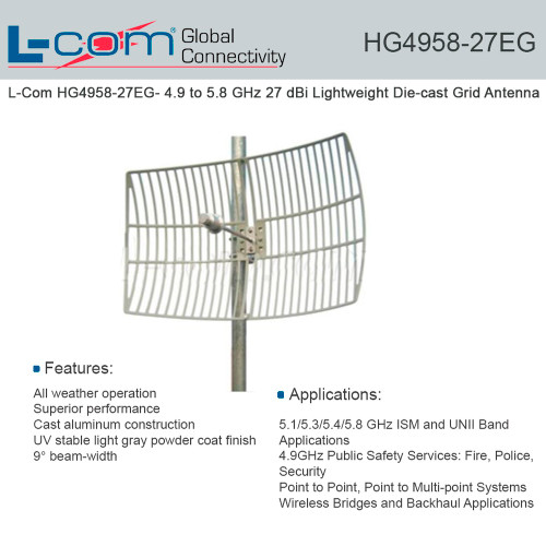 L-Com HG4958-27EG 4.9-5.8 GHz 27dBi Lightweight Die-Cast Grid Antenna High-Performance Reflector