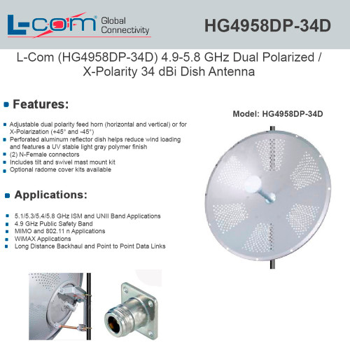L-Com (HG4958DP-34D) 4.9-5.8 GHz 34 dBi Dual Polarity Dish Antenna